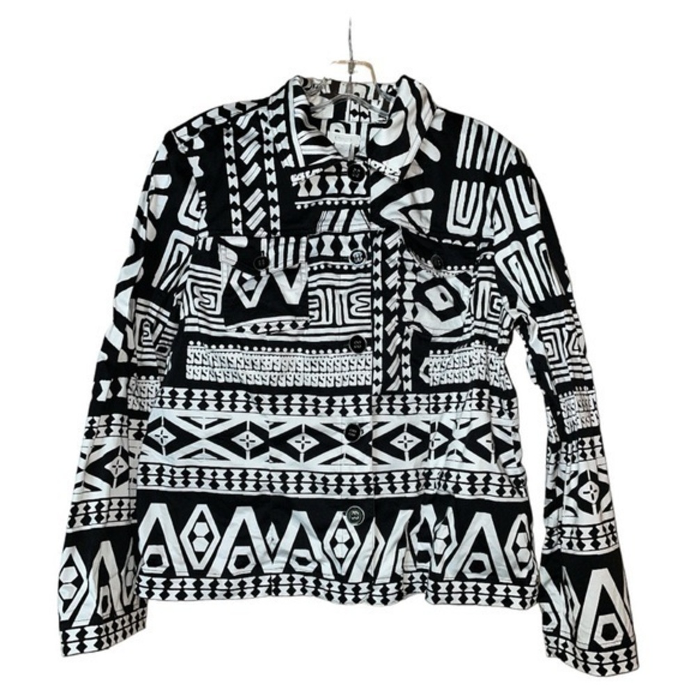 Chicos (2) Alphia Aztec Tribal Blazer Jacket Large 12 Button Front Black White